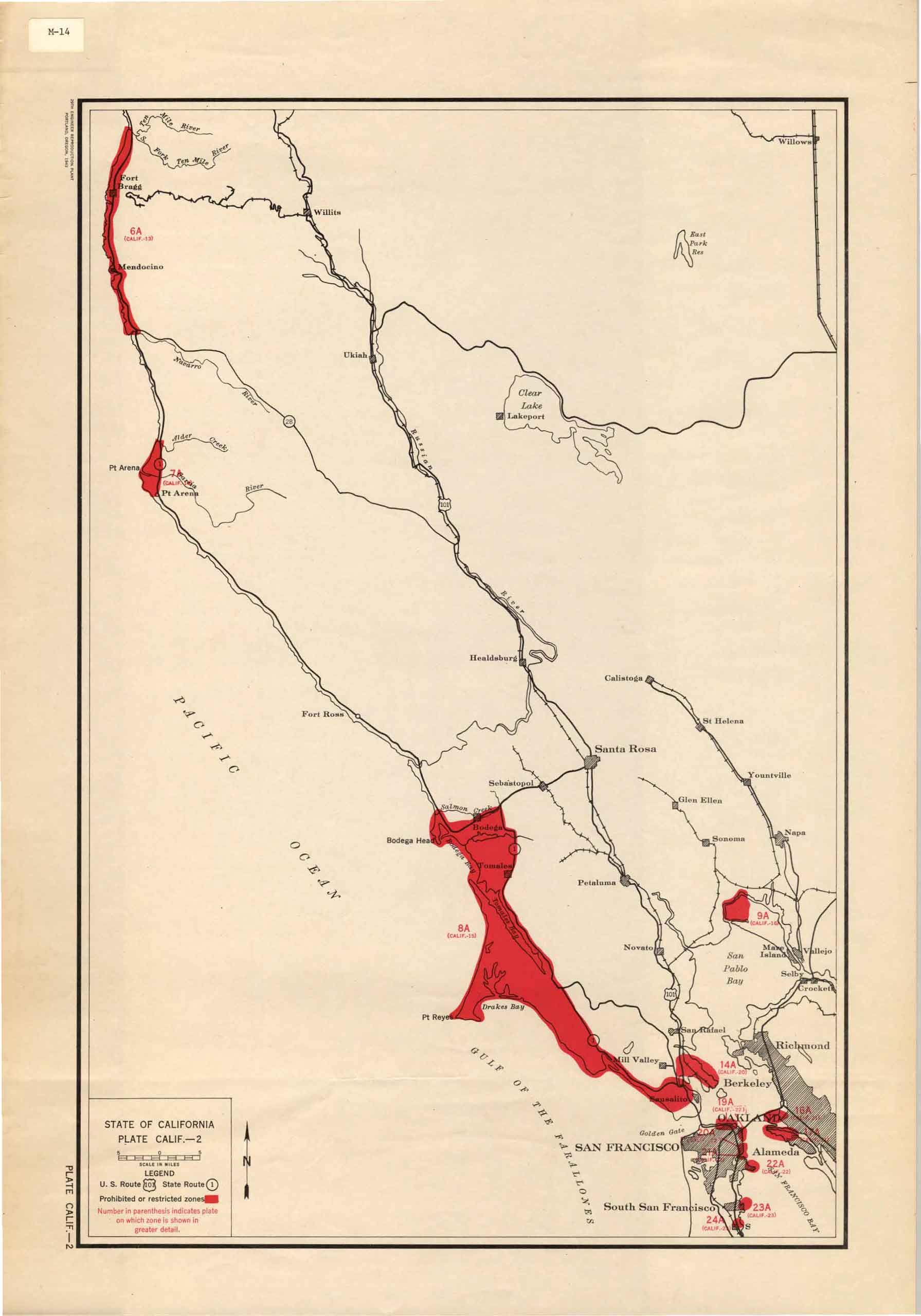 A 1943 map of the San Francisco Bay Are on yellowed paper entitled: “State of California, Northern California coast, San Francisco to Fort Bragg prohibited or restricted zones,”. It shows "restricted zones" for Japanese Americans highlighted in red